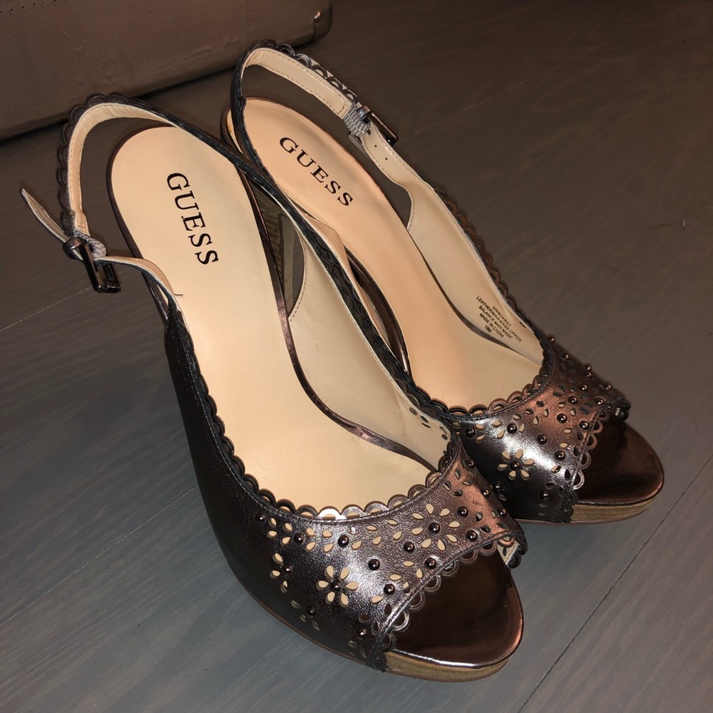 Guess gunmetal silver slingback platform heels